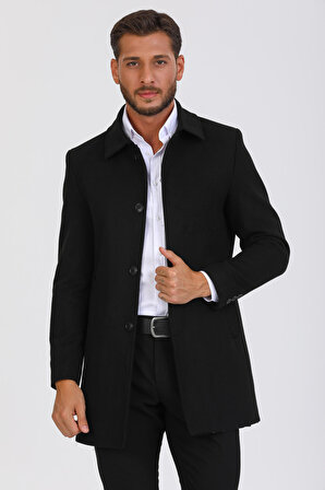 Mero Life Erkek Siyah Dar Kesim Yün Karışımlı Kaşe Gömlek Yaka Palto Kaban